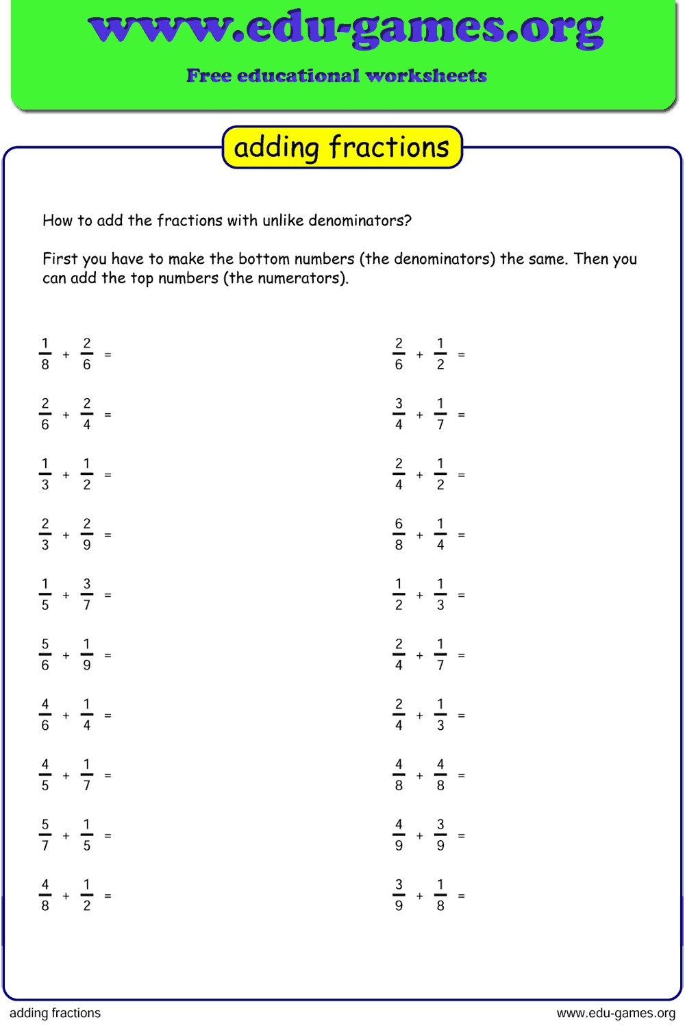 basic fraction addition worksheets with unlike denominators under 10