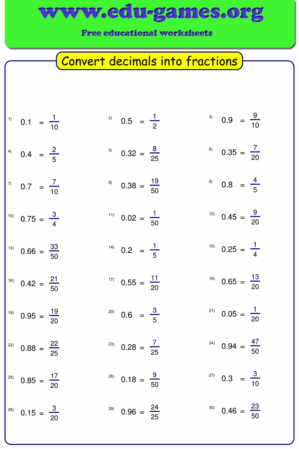 Convert decimals to fraction worksheet maker | Free Printable Worksheets