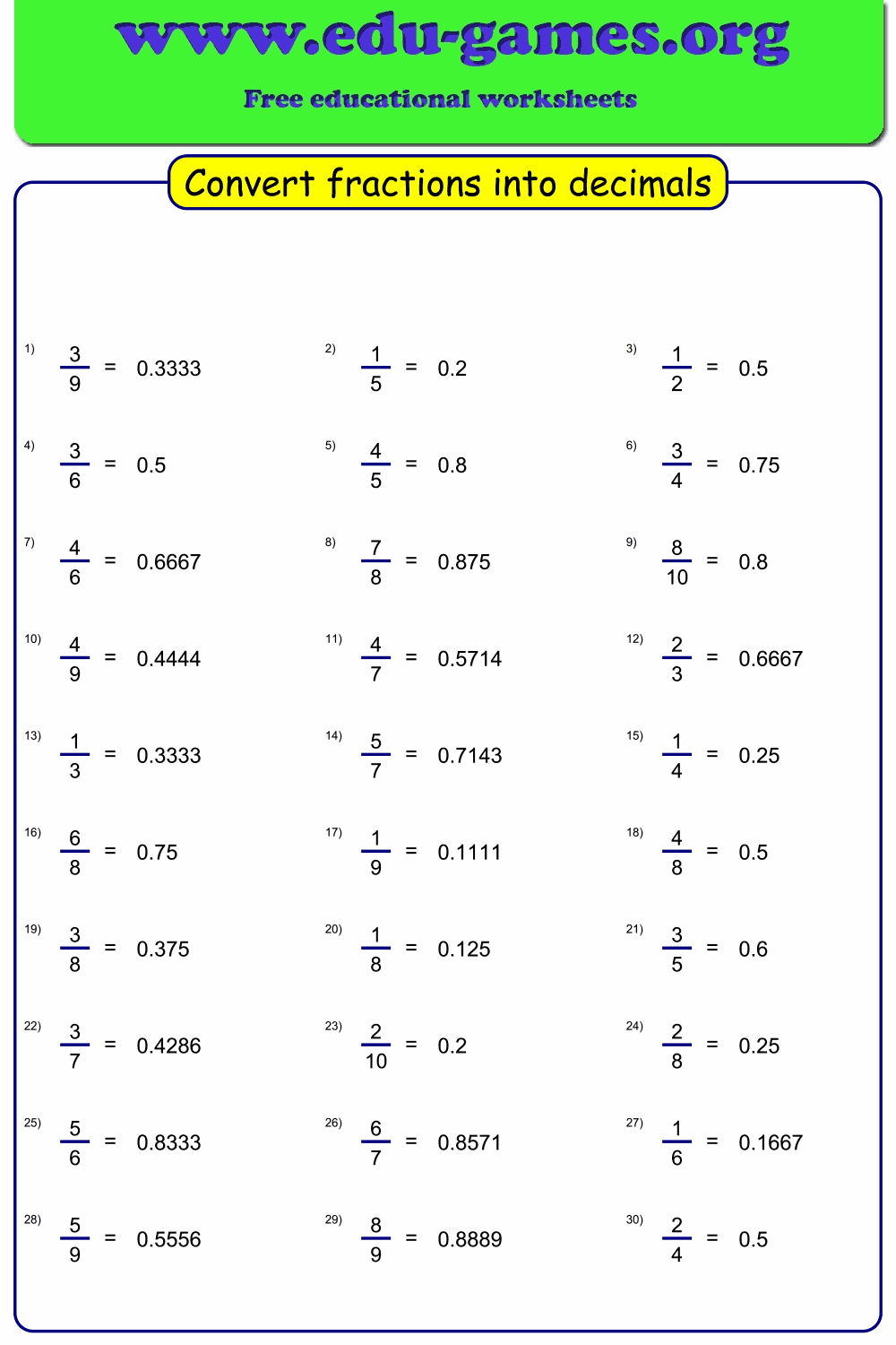 Convert fraction to decimal worksheet maker | Free Printable Worksheets
