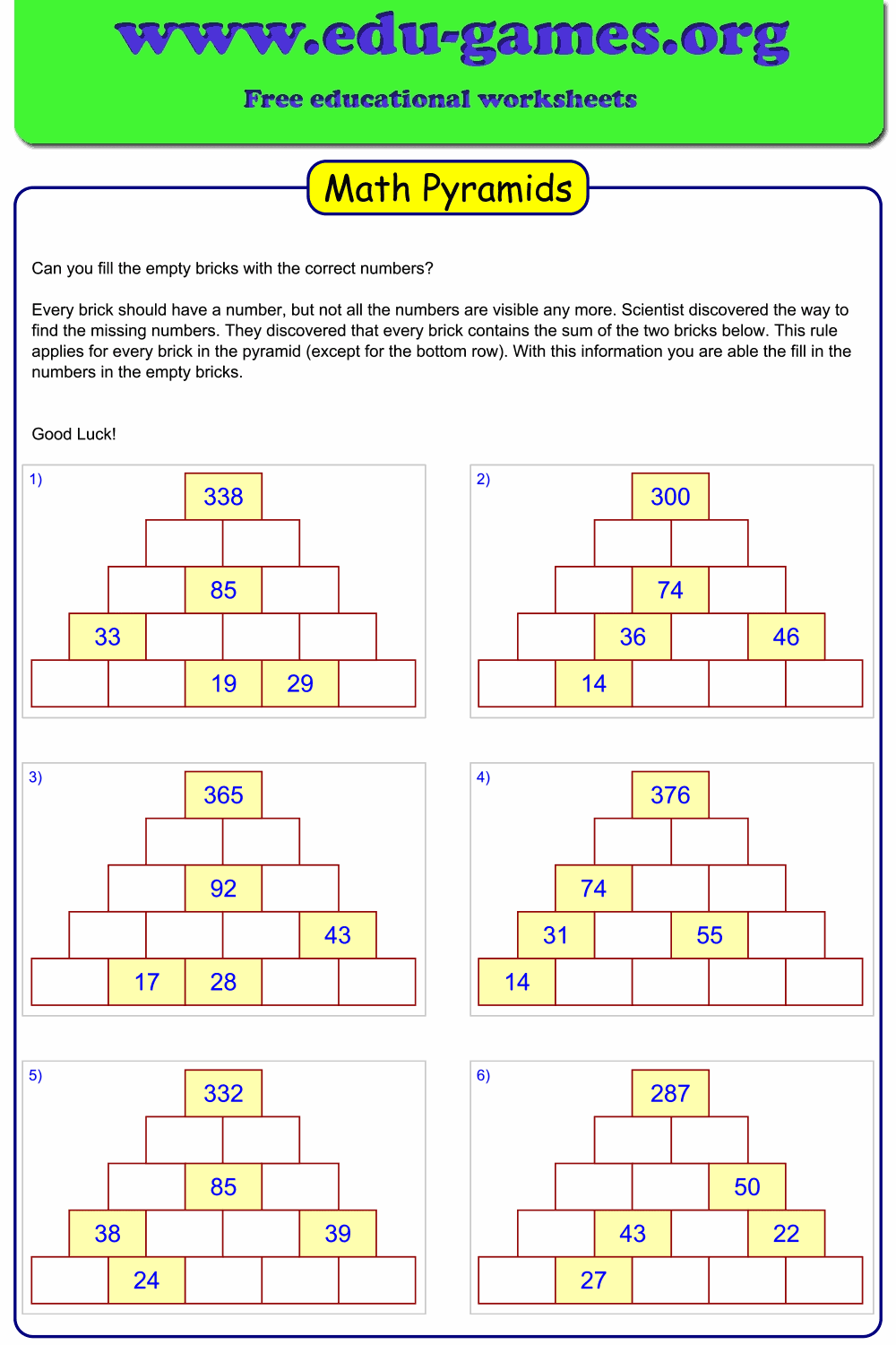 Math Pyramid Game Worksheets | Free Printable Math Puzzles