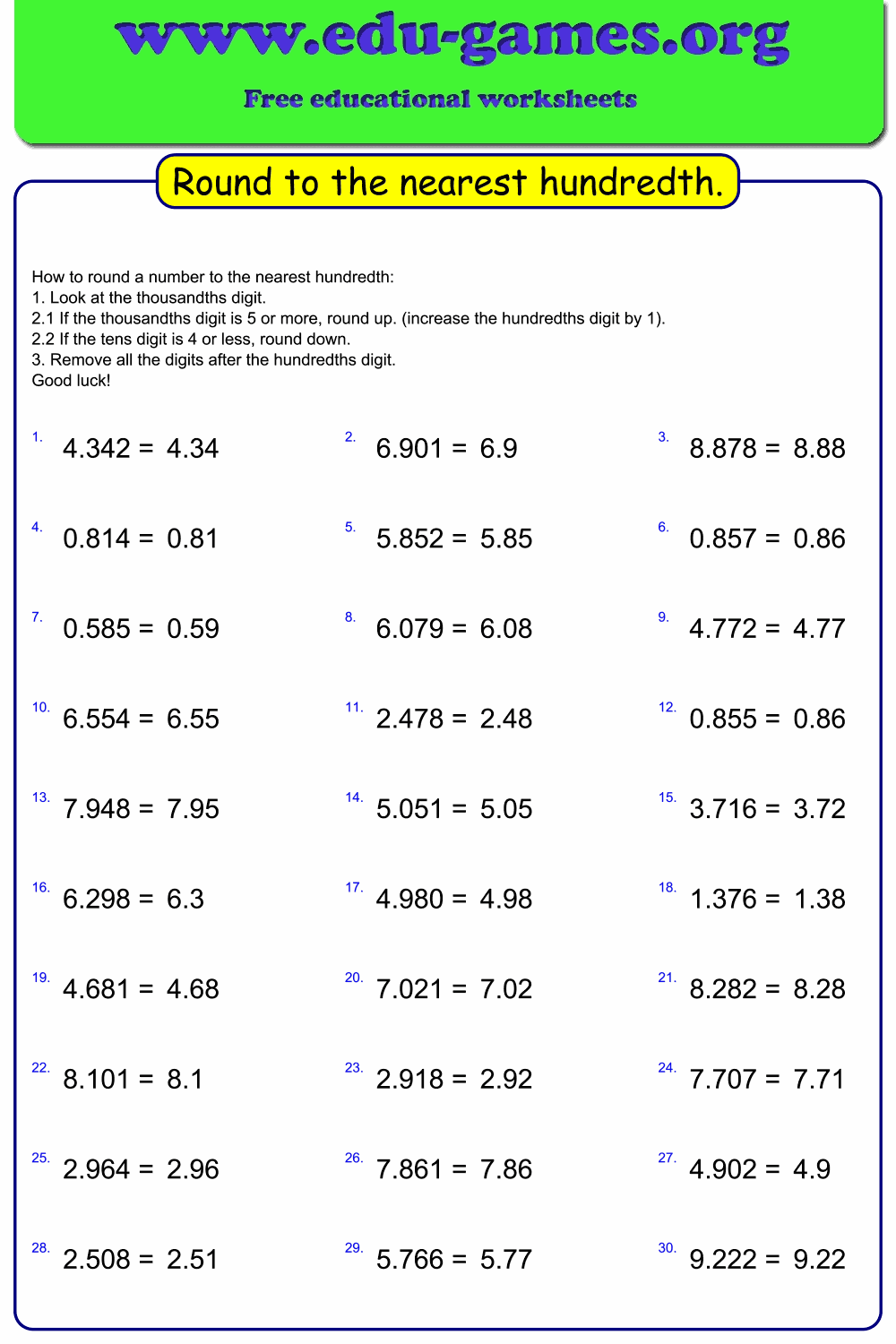 rounding up or down decimals round to the tenth or hundredth worksheets