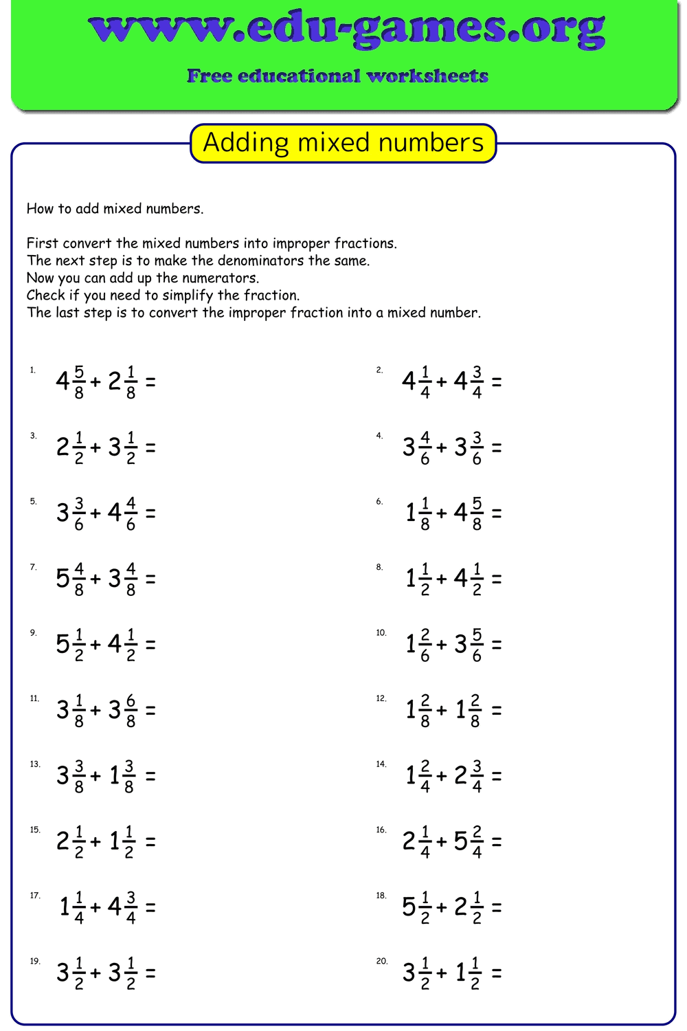 Free Adding Mixed Numbers Worksheet Generator