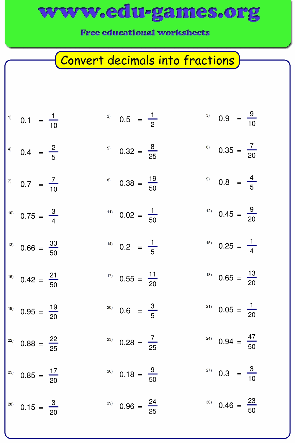 Convert Decimals to Fractions – Free Worksheet Generator & Printable PDFs