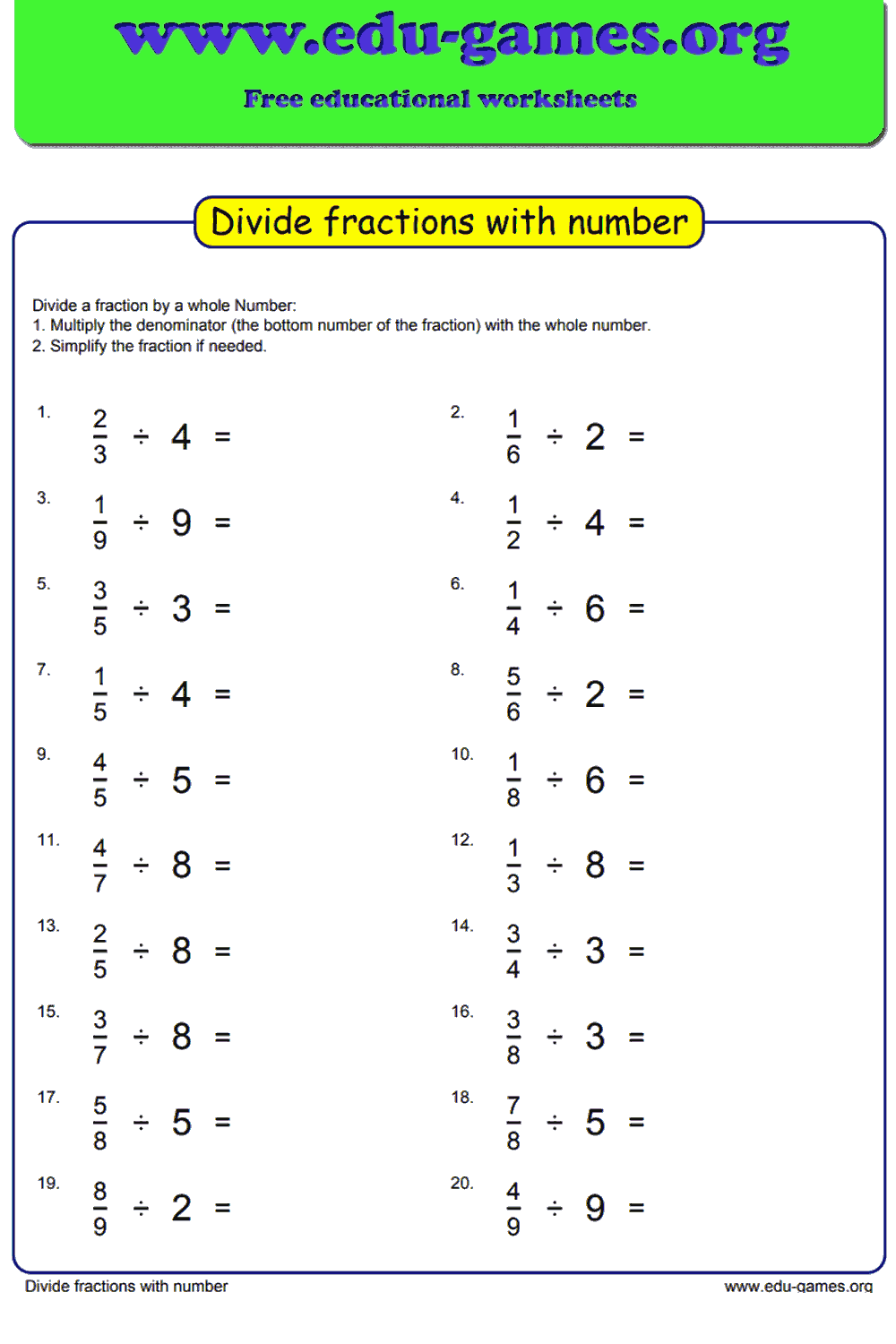 Dividing Fractions by Whole Numbers Worksheets — Free Printable PDF
