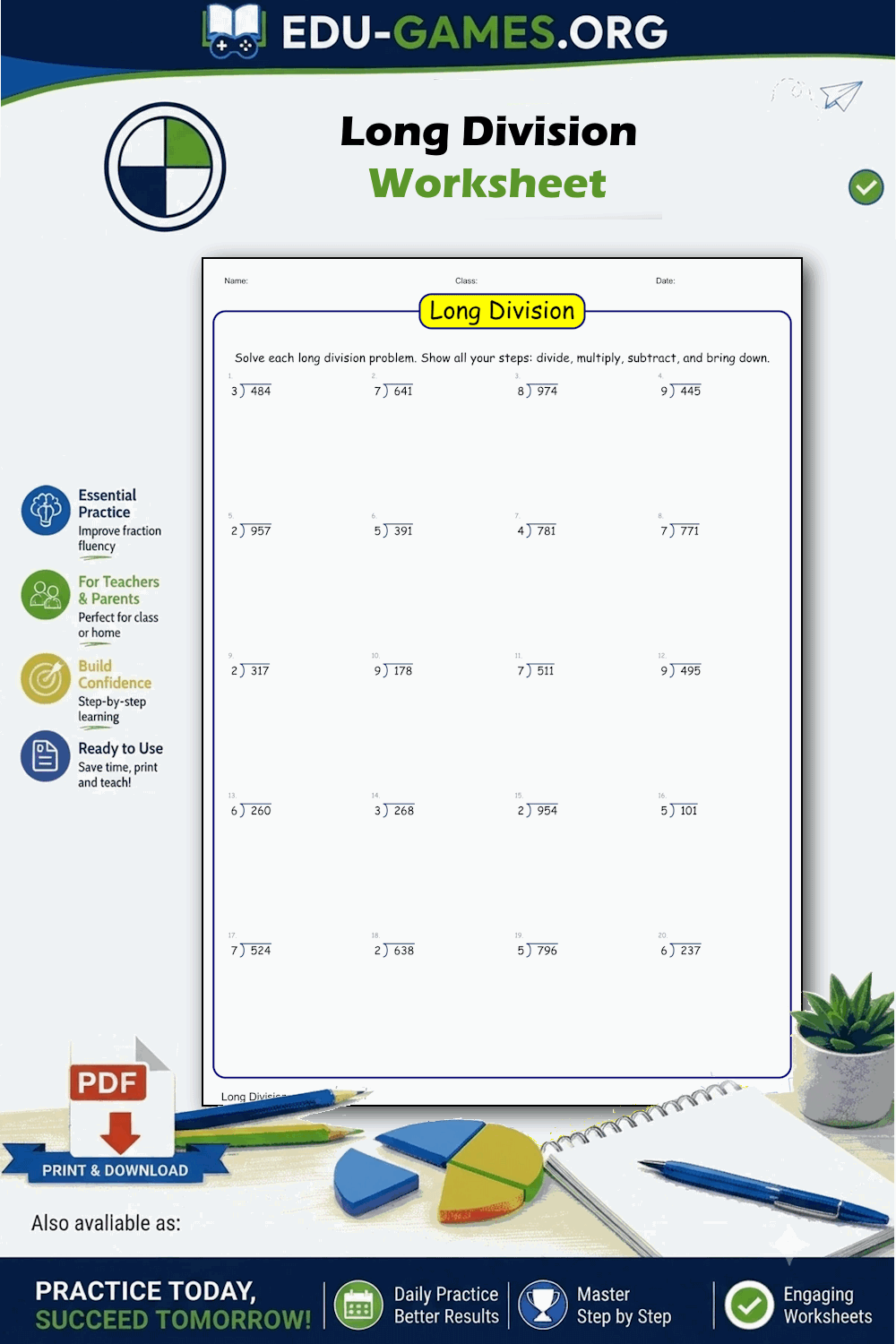 Long Division Worksheets — Free Printable PDF Generator