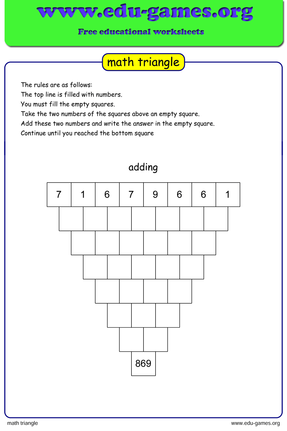 Math Triangle Worksheet Generator (Free Printable PDF) | Edu-Games